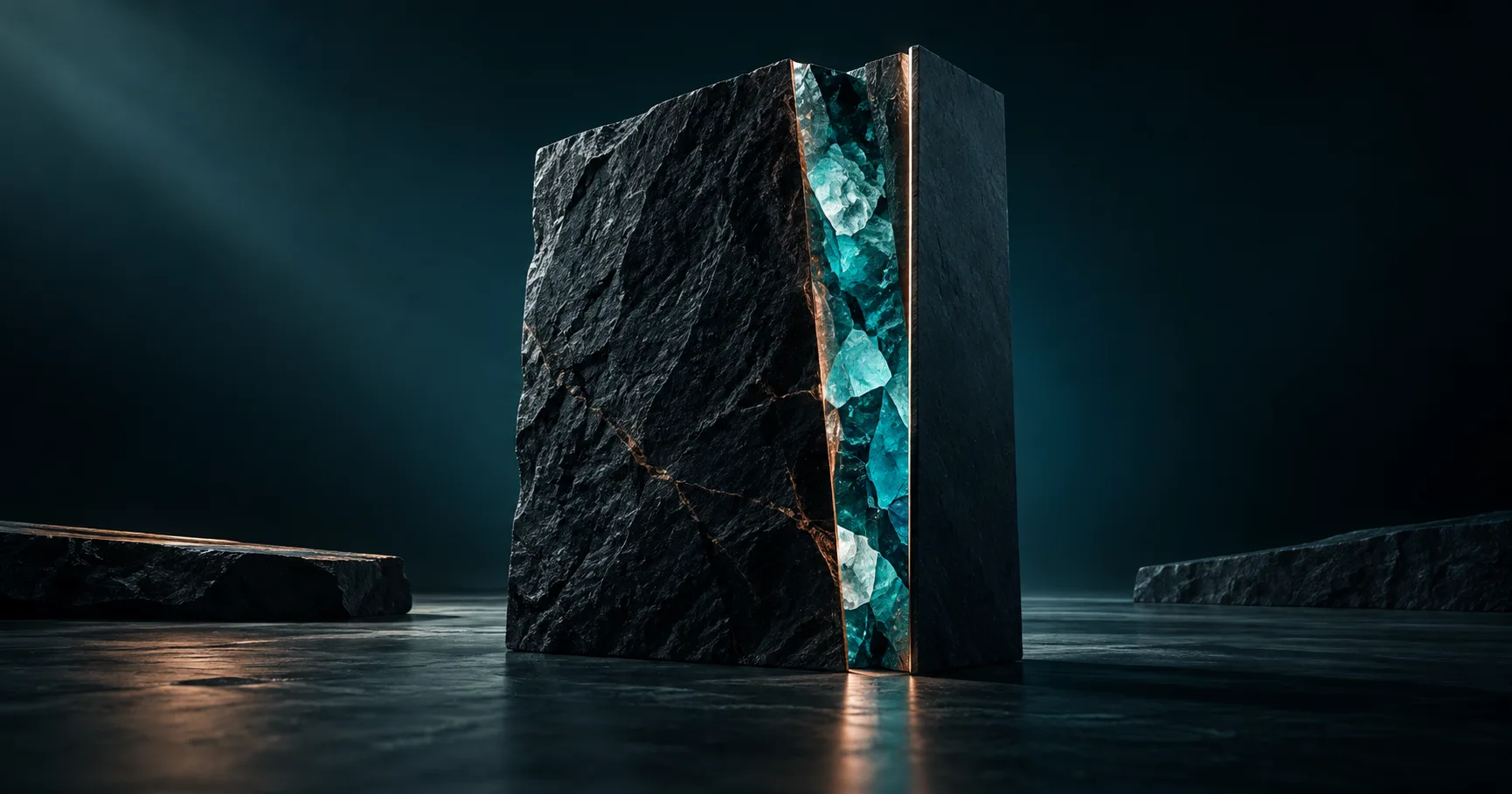Un monolithe sombre révèle un cœur turquoise, métaphore d’une valeur rendue visible.