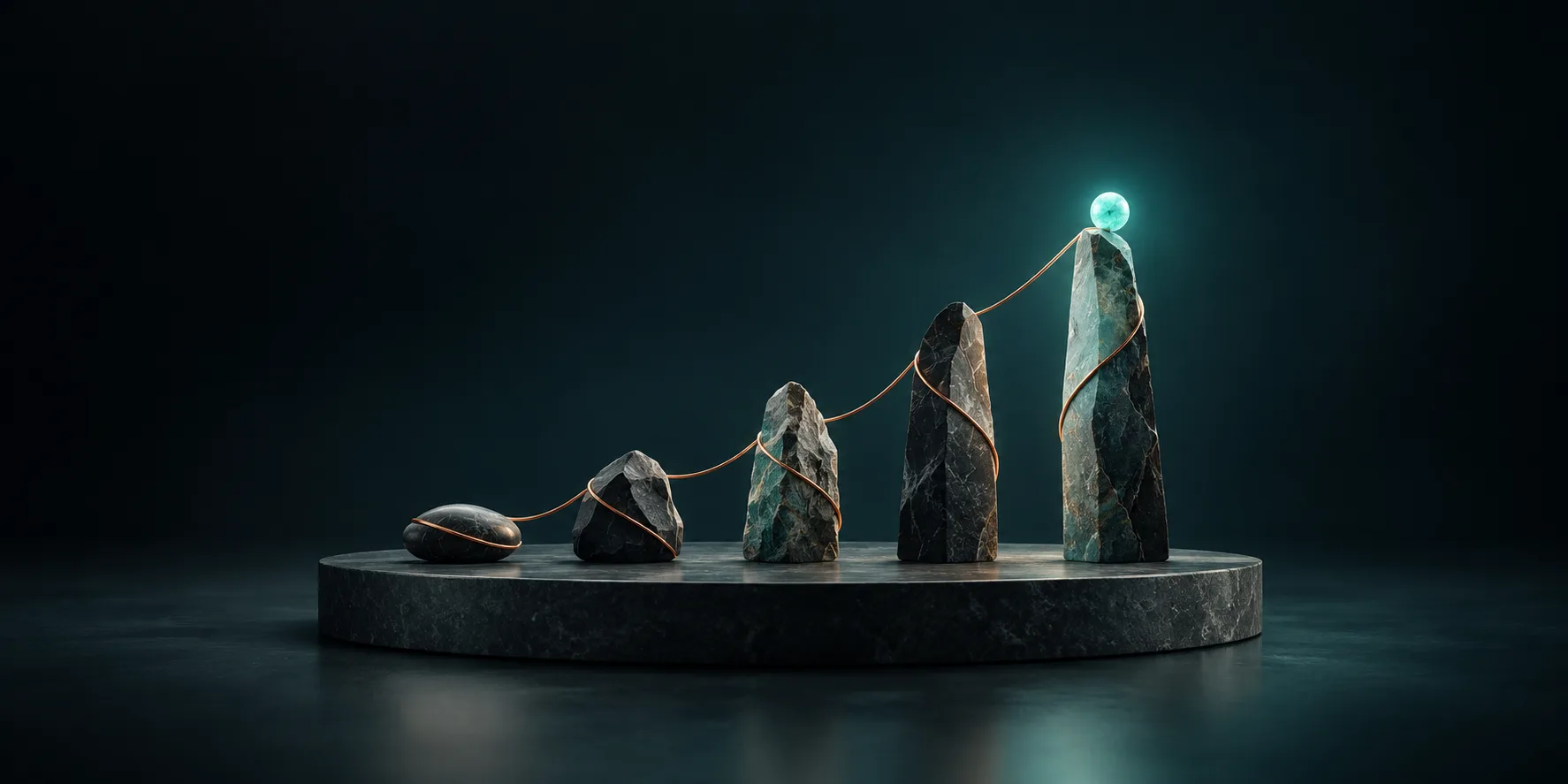 Cinq pierres reliées par un fil cuivré montent vers une sphère turquoise lumineuse sur une scène sombre.