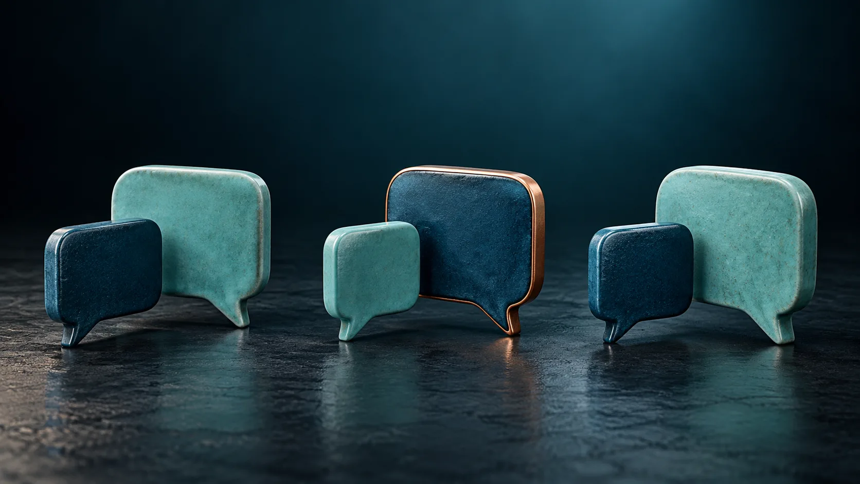 Trois paires de bulles de dialogue turquoise et bleu pétrole sur un fond sombre.