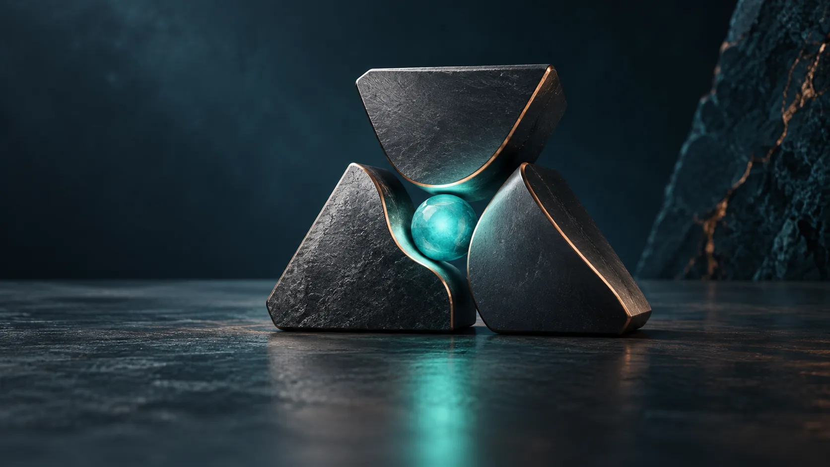 Trois formes sombres assemblées autour d’un cœur turquoise