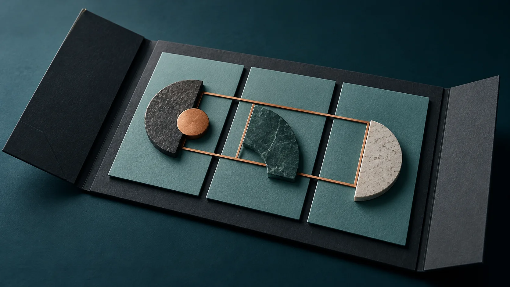 Dossier ouvert contenant trois cartes turquoise et des formes assemblées, reliées par un cadre cuivré.